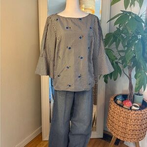 Alyx Black and White Gingham Top with Flower Detail and Slit Sleeve